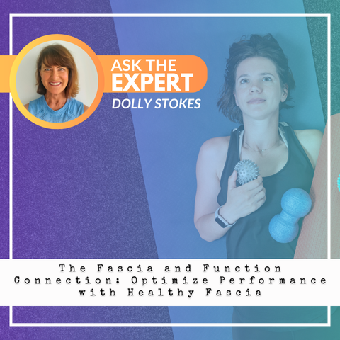 The Fascia and Function Connection – Dolly Stokes Myofascial Release Expert Female fitness instructor holding massage balls for myofascial release next to Ask the Expert Dolly Stokes graphic, highlighting fascia training and performance optimization