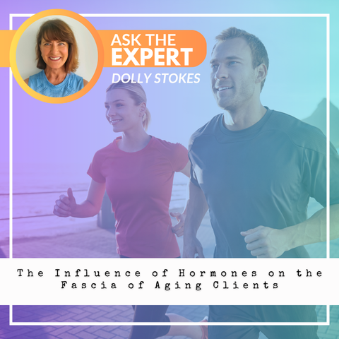 Ask the Expert: The Influence of Hormones on the Fascia of Aging Clients by Dolly Stokes, FiTOUR® Promotional graphic for a FiTOUR® “Ask the Expert” blog by Dolly Stokes titled “The Influence of Hormones on the Fascia of Aging Clients,” featuring two adults jogging outdoors with a soft gradient overlay and a headshot of Dolly Stokes in the upper left